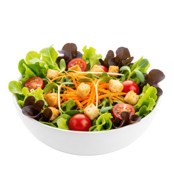 A vibrant mixed salad with oak lettuce, cherry tomatoes, carrots, croutons, sprouts in a white bowl, transparent background, sharp focus, healthy food concept.