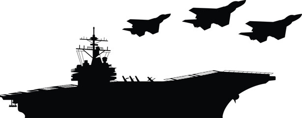 Aircraft carrier silhouette, military warship vector, fighter jets formation, naval aviation illustration, defense fleet art, ocean combat power, navy silhouette © MstGeasmin