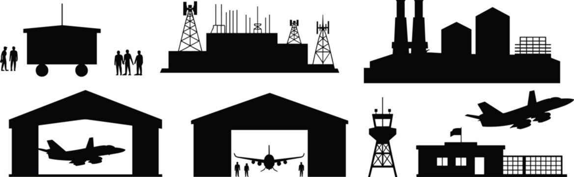 Airport silhouettes, military airbase illustration, aircraft hangar, radar unit, communication tower, control center, fighter jet, transport plane, aviation facility, defense