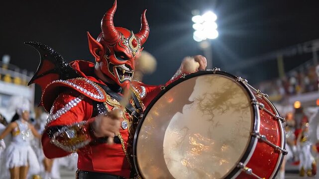 Man dressed in red devil costume playing large bass drum at night carnival. Street performer wearing demon mask striking percussion instrument at festival parade.