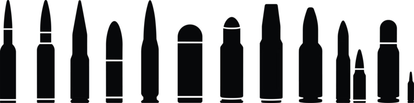 Ammunition silhouette, bullet cartridges, rifle rounds, handgun shells, military ammo, weapon design, firearm illustration, caliber diversity, security concept, ballistic collection