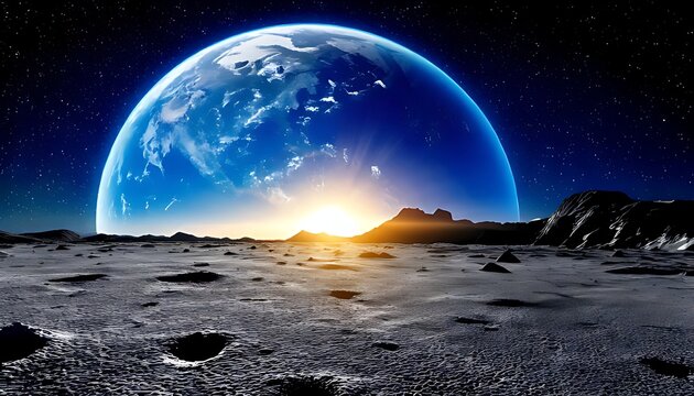 Stunning cosmic sunrise over a desolate lunar landscape, featuring the majestic Earth rising brilliantly against a star-filled sky, inspiring universal wonder