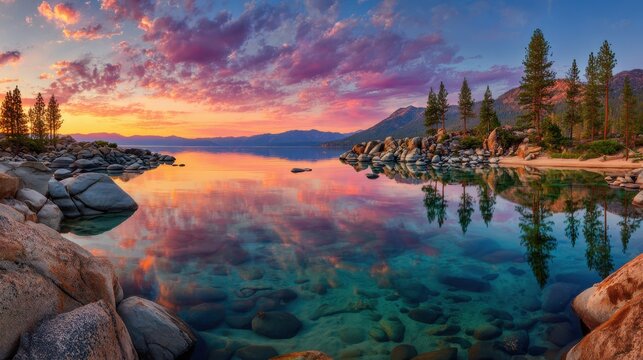 Vibrant sunset over calm alpine lake with pine trees and granite rocks