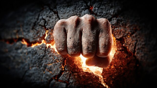 A powerful fist breaking through a cracked stone wall with glowing lava magma underneath