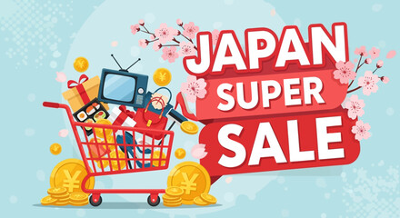 Japan Super Sale: Shopping Cart Full of Goods with Cherry Blossoms and Yen Coins