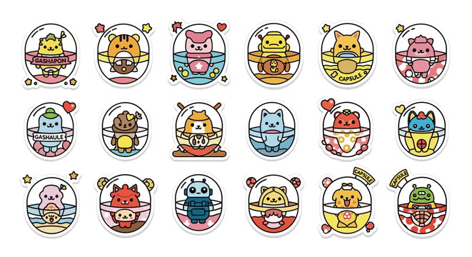 Cute Kawaii Characters in Bubbles - Adorable Cartoon Animals & Robots Sticker Pack