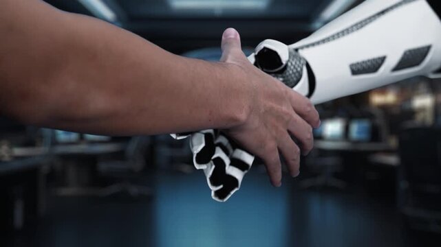 A pair of hands, one human and one robotic, navigating a sleek digital interface showcasing artificial intelligence and data analytics in a contemporary workspace. Auvana