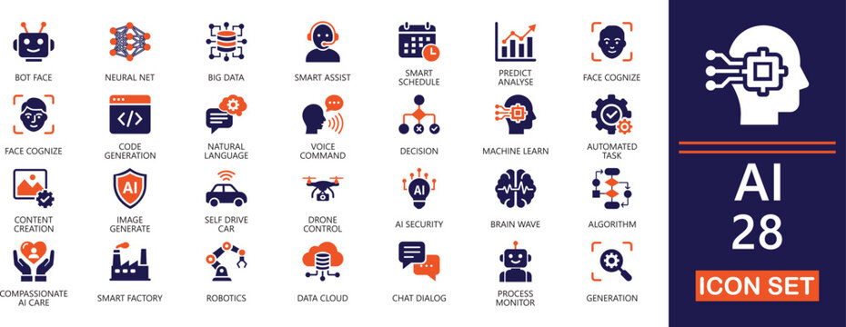 modern artificial intelligence solid icon set for ai automation, decision,  brain, generation, learning,  information, data analytics and digital technology.