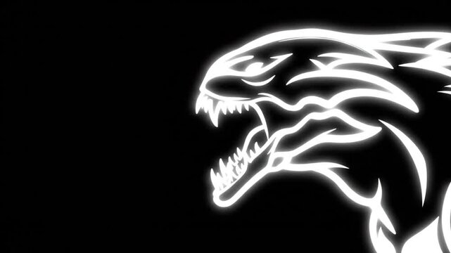 Stylized dragon silhouette with sharp teeth against a black background