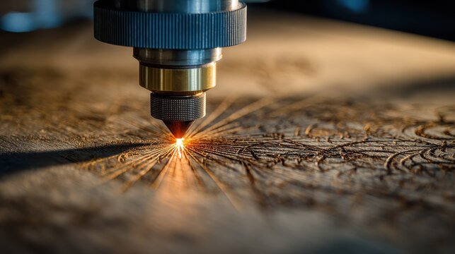 Laser engraving machine etching intricate patterns on dark wood