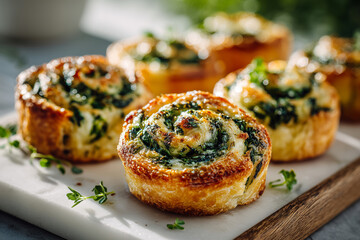 Golden flaky pastry pinwheels filled with spinach for a delightful snack