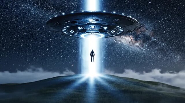 Alien Invasion Concept Shiny Flying Saucer Silhouette Hovering Above Green Meadow. 4K Video	