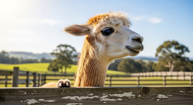 Curious alpaca peeks over a wooden fence on a sunny farm day