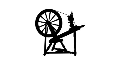 Fototapeta premium Spinning wheel with large wheel and spindle, black silhouette on white background featuring textile machinery, yarn