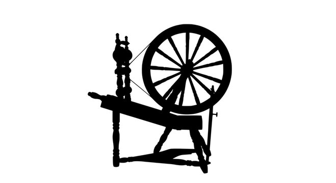 Spinning wheel with large wheel and spindle, black silhouette icon featuring yarn, thread, fiber with textile and craft