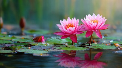 Two pink water lilies blooming on a pond