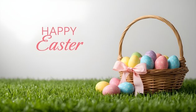 Easter basket filled with colorful eggs on green grass with happy easter text on white background