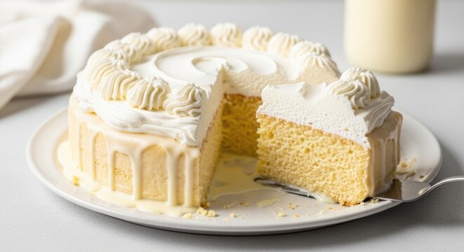 A round vanilla cake with white frosting, partially sliced, on a white plate. A glass of milk is in the background.