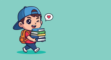 Fototapeta premium Cute Boy Student Carrying Books with Backpack.