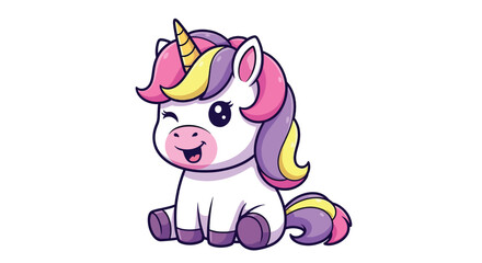 Fototapeta premium Cute cartoon unicorn with a golden horn and colorful mane.