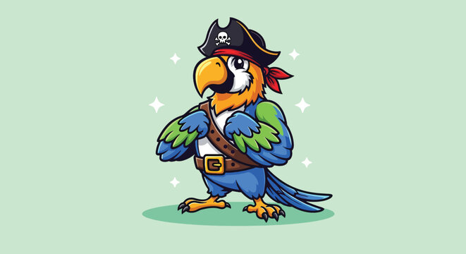 Cute Cartoon Pirate Parrot with Eye Patch and Hat.