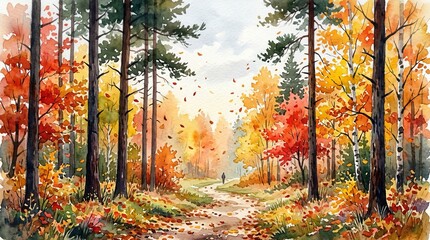 Fototapeta premium Solitary figure walks a path through a vibrant forest ablaze with autumn colors and falling leaves.