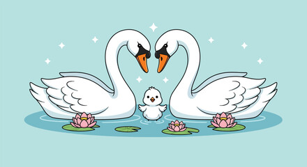 Cute swan family with two adult swans forming a heart shape and a baby swan. © Caroline Studio