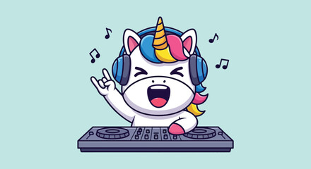 Cute Unicorn DJ Playing Music with Headphones and Turntable. © Caroline Studio
