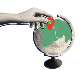 Human hand placing location pin on Earth globe. Global travel destination and navigation concept in halftone collage mixed media style. Vector illustration 
