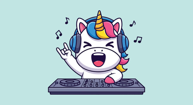 Cute Unicorn DJ Playing Music with Headphones and Turntable.