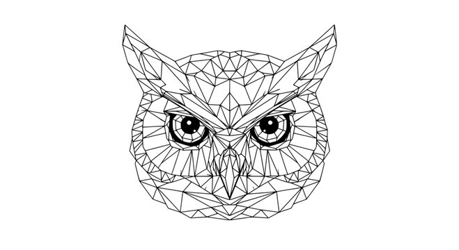Owl geometric polygonal with sharp eyes and pointed ears in black lines featuring illustration, animal, bird with