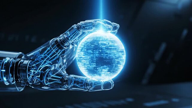 Robotic hand holding glowing blue sphere.