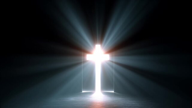 symbolic christian cross as keyhole with light of faith on dark background