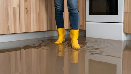 Person standing in flooded kitchen with yellow rain boots deals with plumbing issue