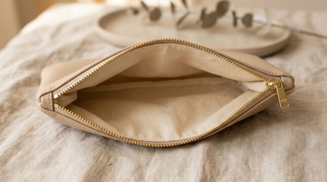 Stylish light-colored clutch bag with gold zipper, open and empty on a textured fabric surface.