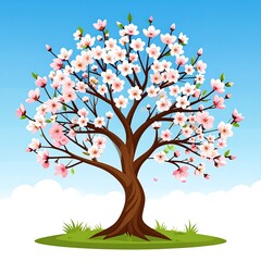 Obraz premium A vibrant cartoon tree bursting with pink blossoms under a bright blue sky with fluffy white clouds, on green grass