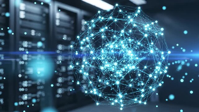 Digital Data Network Visualization with Bright Blue Light Particles.