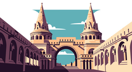 Obraz premium Elegant Vector Illustration of Historic Fisherman Bastion Architecture with Twin Spires