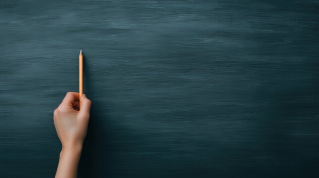 A hand holds a pencil poised against a blank, textured dark green chalkboard, ready for writing or drawing.