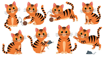 Obraz premium Cute Orange Tabby Cats Playing with Yarn and Toy Mice - Vector Illustration