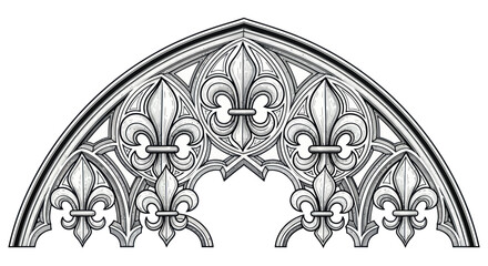 Gothic Arch Tracery with Fleur de Lis Ornaments, Intricate Stone Carving Design © Vinci