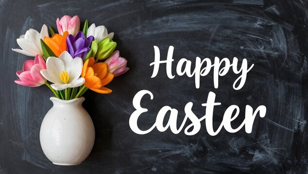 Colorful tulip bouquet in white vase on chalkboard background with happy easter wishes