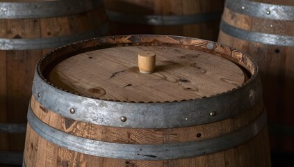 Fototapeta premium Close up on a barrel with a wooden stopper in a dimly lit brewery