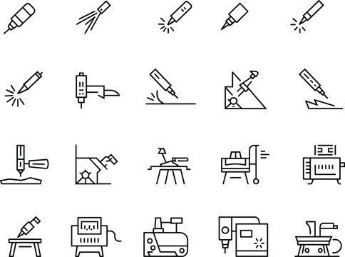 Industrial manufacturing icon set illustration, fabrication tool graphic, welding machine symbol, CNC equipment design element, robotic arm art, precision cutting image