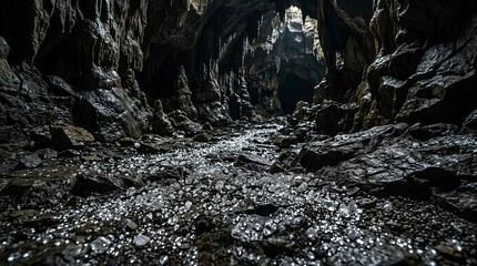 Fototapeta premium Mysterious cave passage with glistening formations and rocky floor