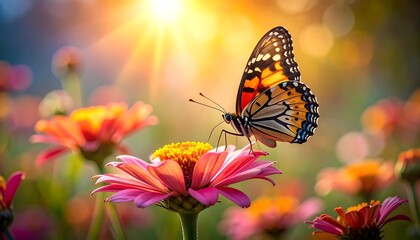 Obraz premium A vibrant butterfly with patterned wings rests atop a pink and yellow flower, bathed in warm sunlight, surrounded by a colorful garden