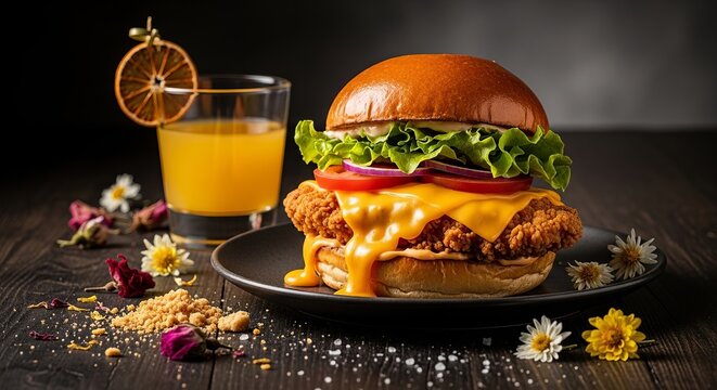 Juicy crispy chicken burger with melted cheese and a refreshing orange drink, beautifully garnished.