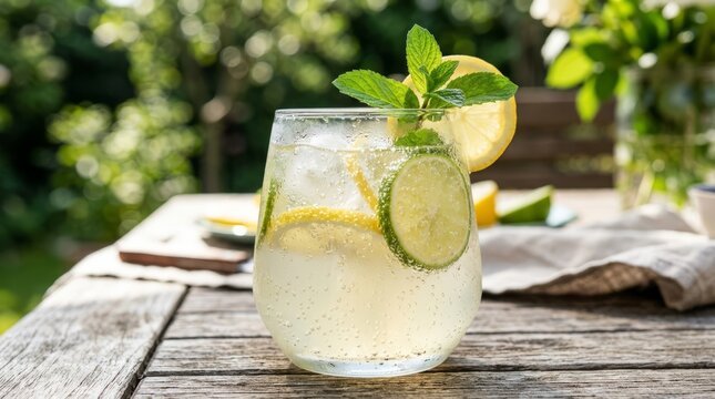 Refreshing citrus drink with mint and ice on a sunny outdoor table