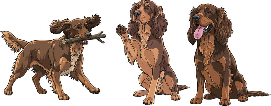 German Spaniel dog fetching stick sitting waving happy smiling pose set