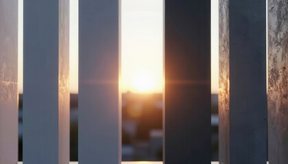 Naklejka premium vertical columns silhouetted against a setting sun. The sun creates a warm glow behind the columns, enhancing the sunset scenery.